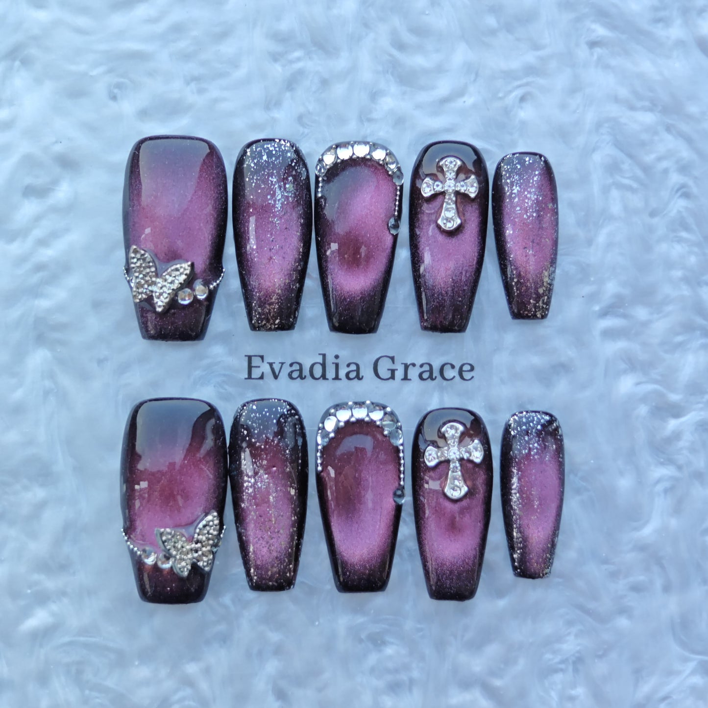 Gothic Shimmer Rose Nails – Black-Cherry Gradient with Rhinestone Butterflies & Cross Charms | Evadia Grace Press-On Nails