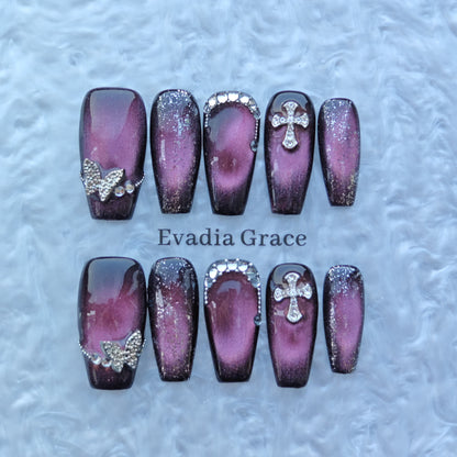 Gothic Shimmer Rose Nails – Black-Cherry Gradient with Rhinestone Butterflies & Cross Charms | Evadia Grace Press-On Nails