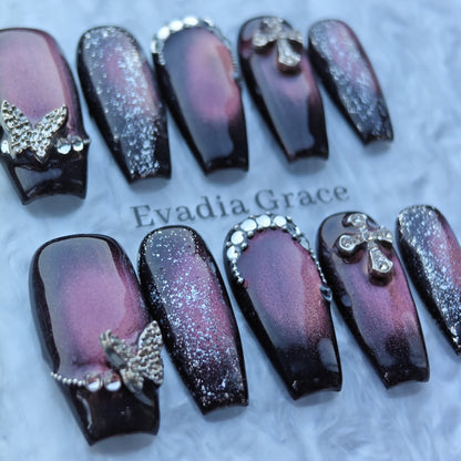 Gothic Shimmer Rose Nails – Black-Cherry Gradient with Rhinestone Butterflies & Cross Charms | Evadia Grace Press-On Nails