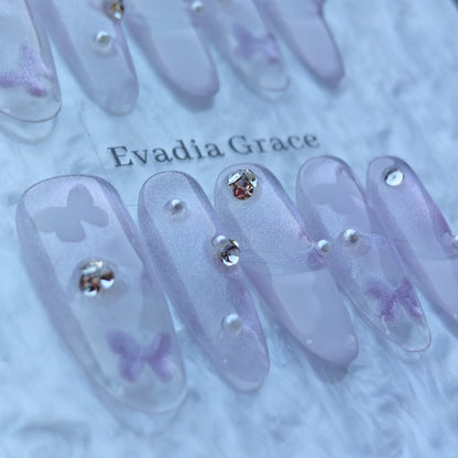 Lilac Butterfly Pearl Nails – Soft Purple Sparkle Press-On Nails with 3D Crystals & Pearls | Fairycore Pastel Nails by Evadia Grace