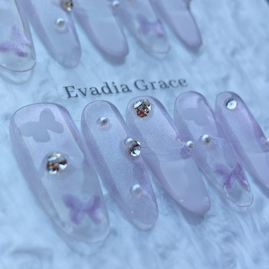 Lilac Butterfly Pearl Nails – Soft Purple Sparkle Press-On Nails with 3D Crystals & Pearls | Fairycore Pastel Nails by Evadia Grace