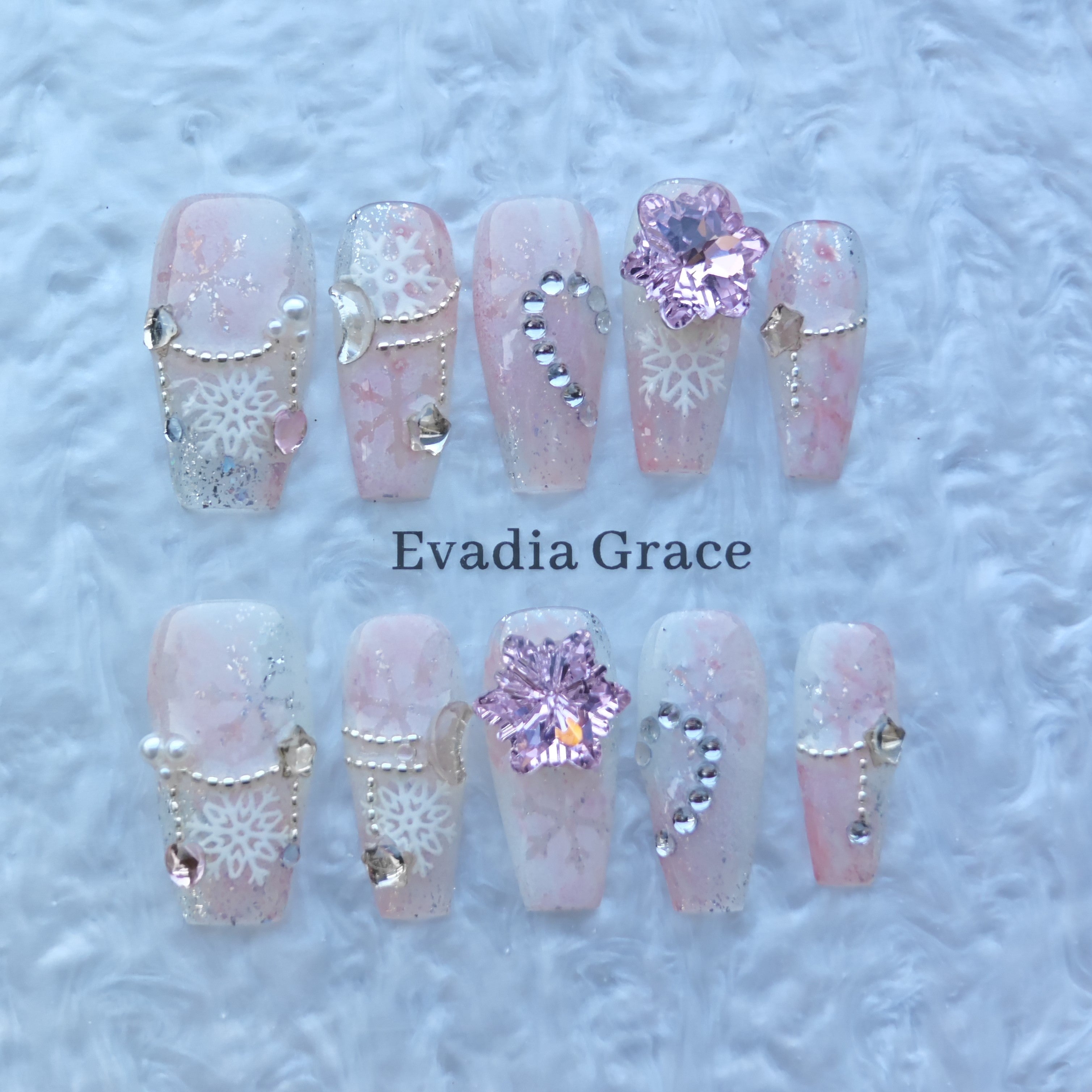 Pink Crystal Snowflake Nails – Winter Fairy Princess Press-On Nails with Pink Gem & Snowflake Charms | Evadia Grace