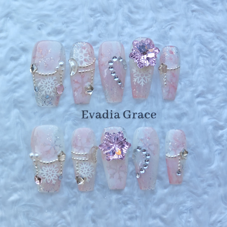Pink Crystal Snowflake Nails – Winter Fairy Princess Press-On Nails with Pink Gem & Snowflake Charms | Evadia Grace