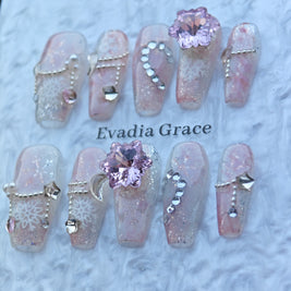 Pink Crystal Snowflake Nails – Winter Fairy Princess Press-On Nails with Pink Gem & Snowflake Charms | Evadia Grace