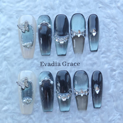 Silver Gradient Butterfly Gem Nails – Gray Ombre Press-On Nails with 3D Pearls & Crystal Butterfly | Elegant Gothic Romance Nails by Evadia Grace