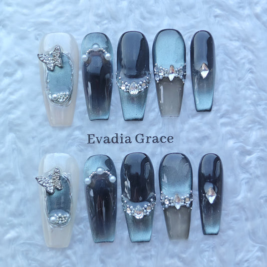 Silver Gradient Butterfly Gem Nails – Gray Ombre Press-On Nails with 3D Pearls & Crystal Butterfly | Elegant Gothic Romance Nails by Evadia Grace