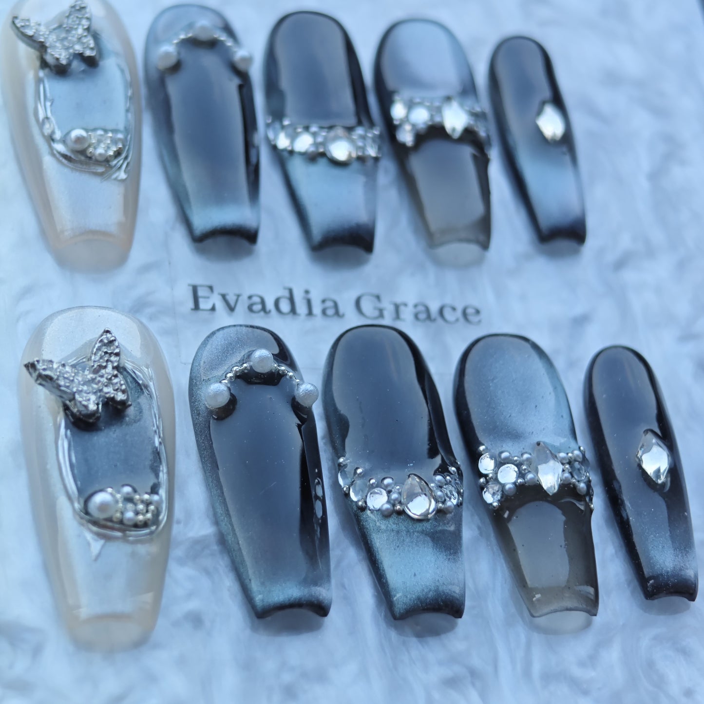 Silver Gradient Butterfly Gem Nails – Gray Ombre Press-On Nails with 3D Pearls & Crystal Butterfly | Elegant Gothic Romance Nails by Evadia Grace