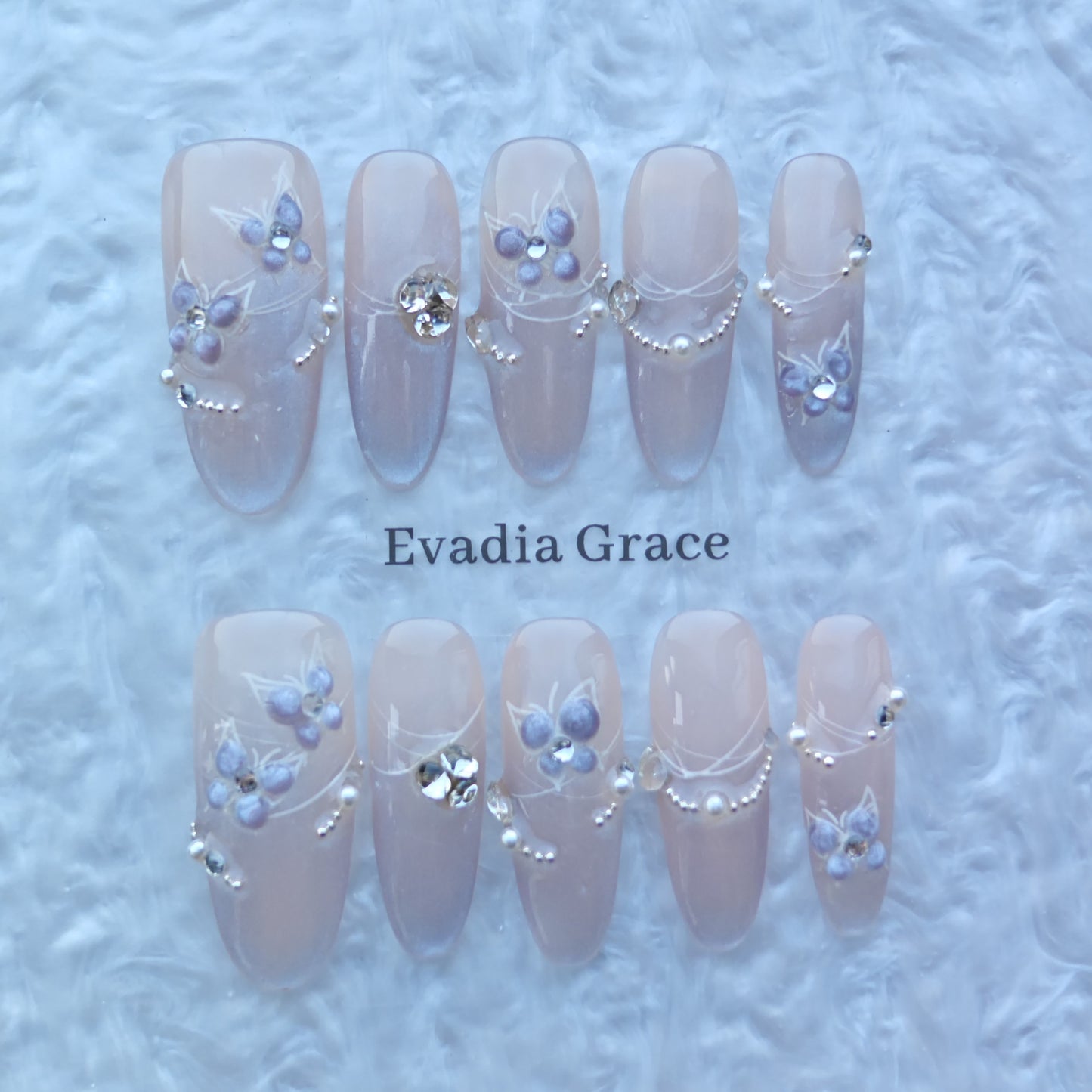 Lavender Blossom Pearl Chain Press-On Nails – Hand-Painted Floral Gradient Nails with Rhinestone Accents | Evadia Grace
