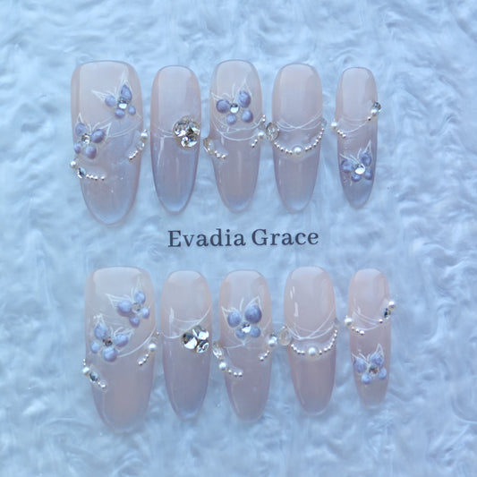 Lavender Blossom Pearl Chain Press-On Nails – Hand-Painted Floral Gradient Nails with Rhinestone Accents | Evadia Grace