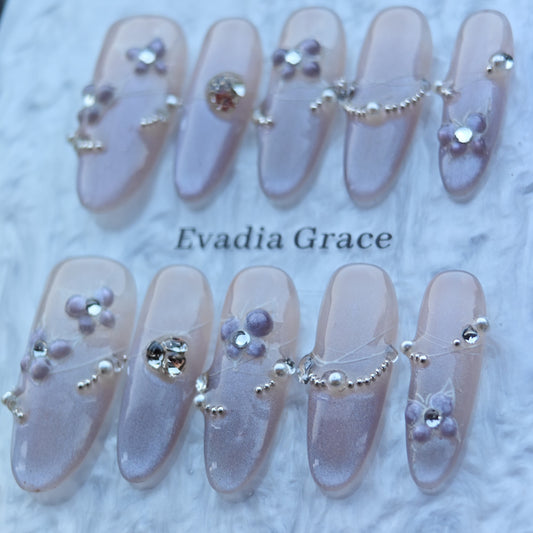 Lavender Blossom Pearl Chain Press-On Nails – Hand-Painted Floral Gradient Nails with Rhinestone Accents | Evadia Grace