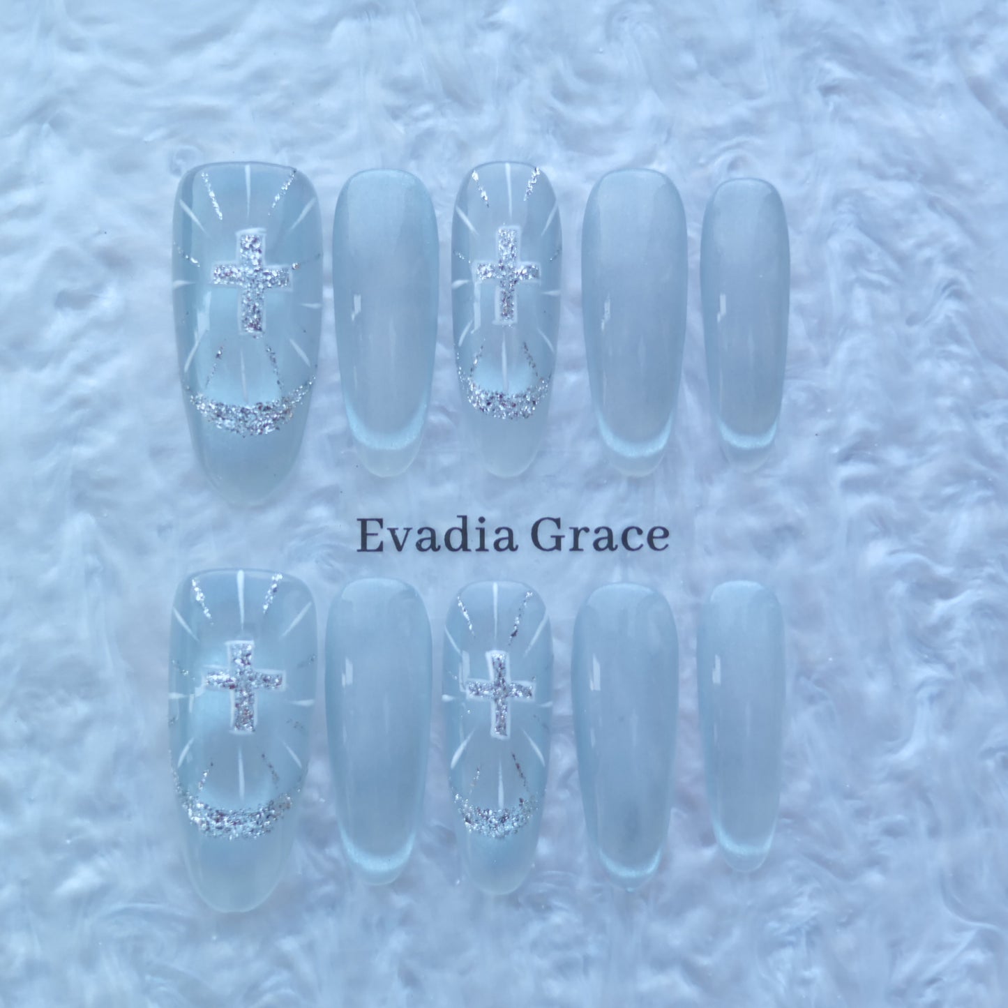 Ice Silver Cross Nails – Frosted White Glazed Press-On Nails with Glitter Halo & Holy Light Design | Evadia Grace