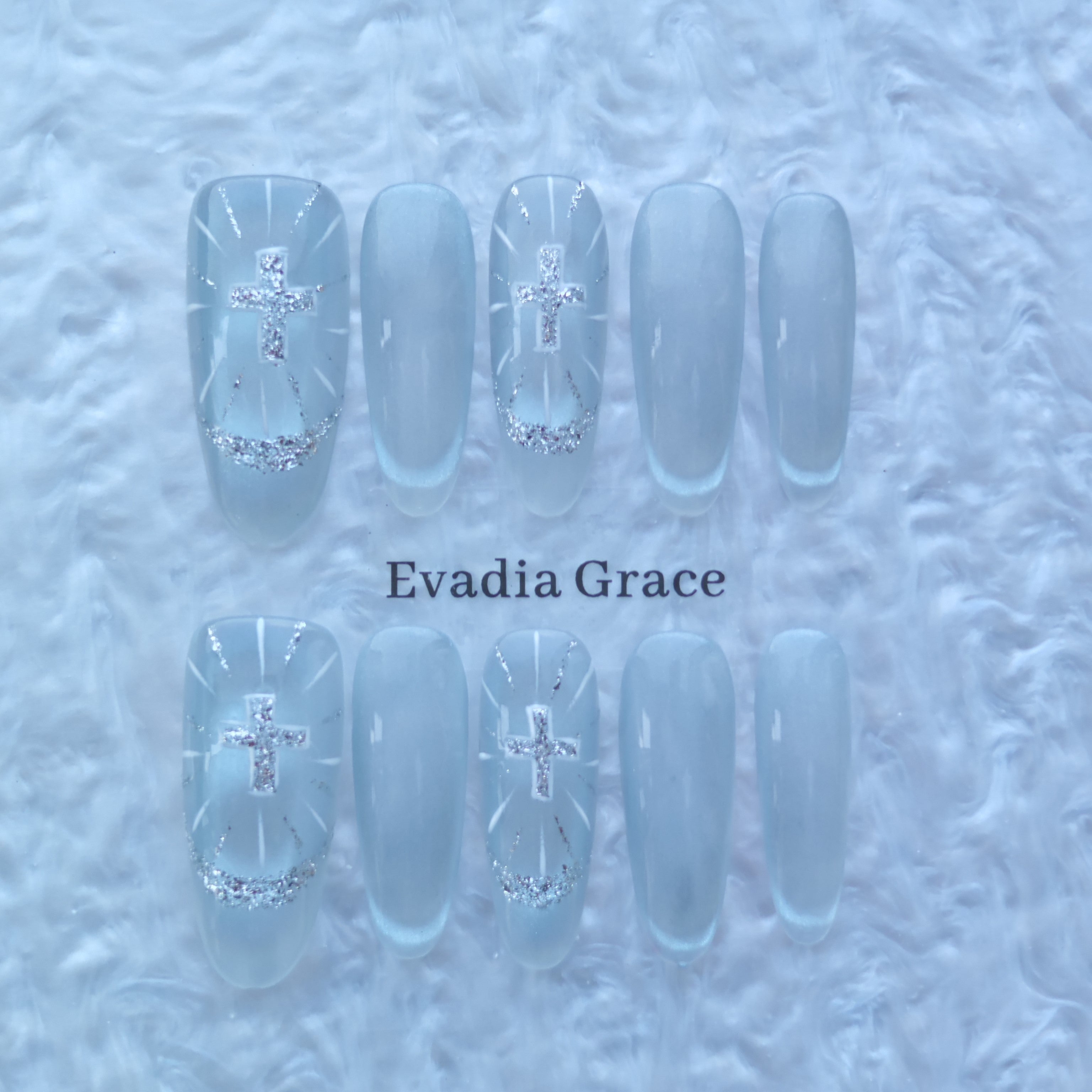 Ice Silver Cross Nails – Frosted White Glazed Press-On Nails with Glitter Halo & Holy Light Design | Evadia Grace