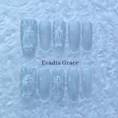 Ice Silver Cross Nails – Frosted White Glazed Press-On Nails with Glitter Halo & Holy Light Design | Evadia Grace