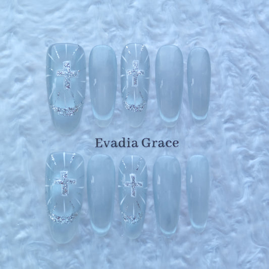 Ice Silver Cross Nails – Frosted White Glazed Press-On Nails with Glitter Halo & Holy Light Design | Evadia Grace