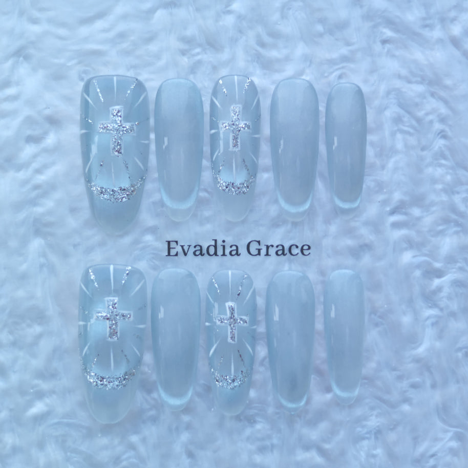 Ice Silver Cross Nails – Frosted White Glazed Press-On Nails with Glitter Halo & Holy Light Design | Evadia Grace