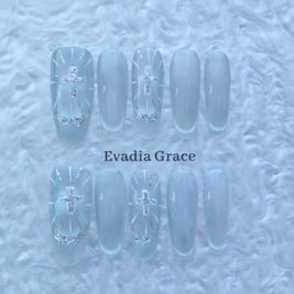 Ice Silver Cross Nails – Frosted White Glazed Press-On Nails with Glitter Halo & Holy Light Design | Evadia Grace