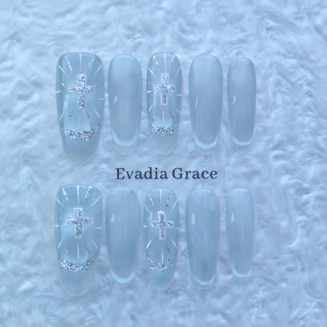 Ice Silver Cross Nails – Frosted White Glazed Press-On Nails with Glitter Halo & Holy Light Design | Evadia Grace