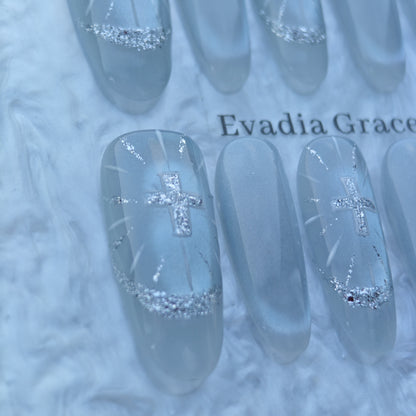Ice Silver Cross Nails – Frosted White Glazed Press-On Nails with Glitter Halo & Holy Light Design | Evadia Grace