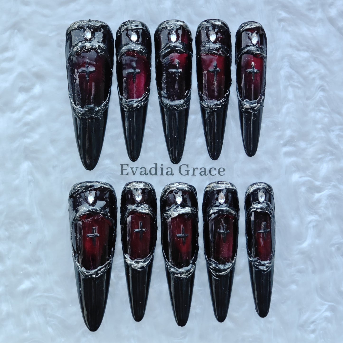 Gothic Armor Press-On Nails – Deep Crimson Stained Glass Design with Black Blade Tips | Dark Royal Gothic Nails by Evadia Grace