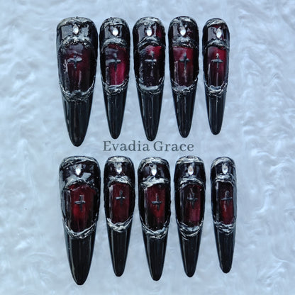Gothic Armor Press-On Nails – Deep Crimson Stained Glass Design with Black Blade Tips | Dark Royal Gothic Nails by Evadia Grace
