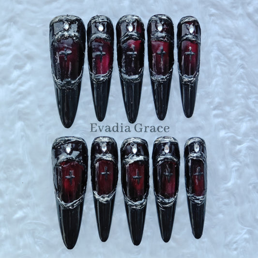 Gothic Armor Press-On Nails – Deep Crimson Stained Glass Design with Black Blade Tips | Dark Royal Gothic Nails by Evadia Grace
