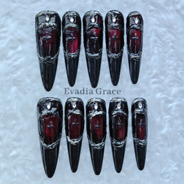 Gothic Armor Press-On Nails – Deep Crimson Stained Glass Design with Black Blade Tips | Dark Royal Gothic Nails by Evadia Grace