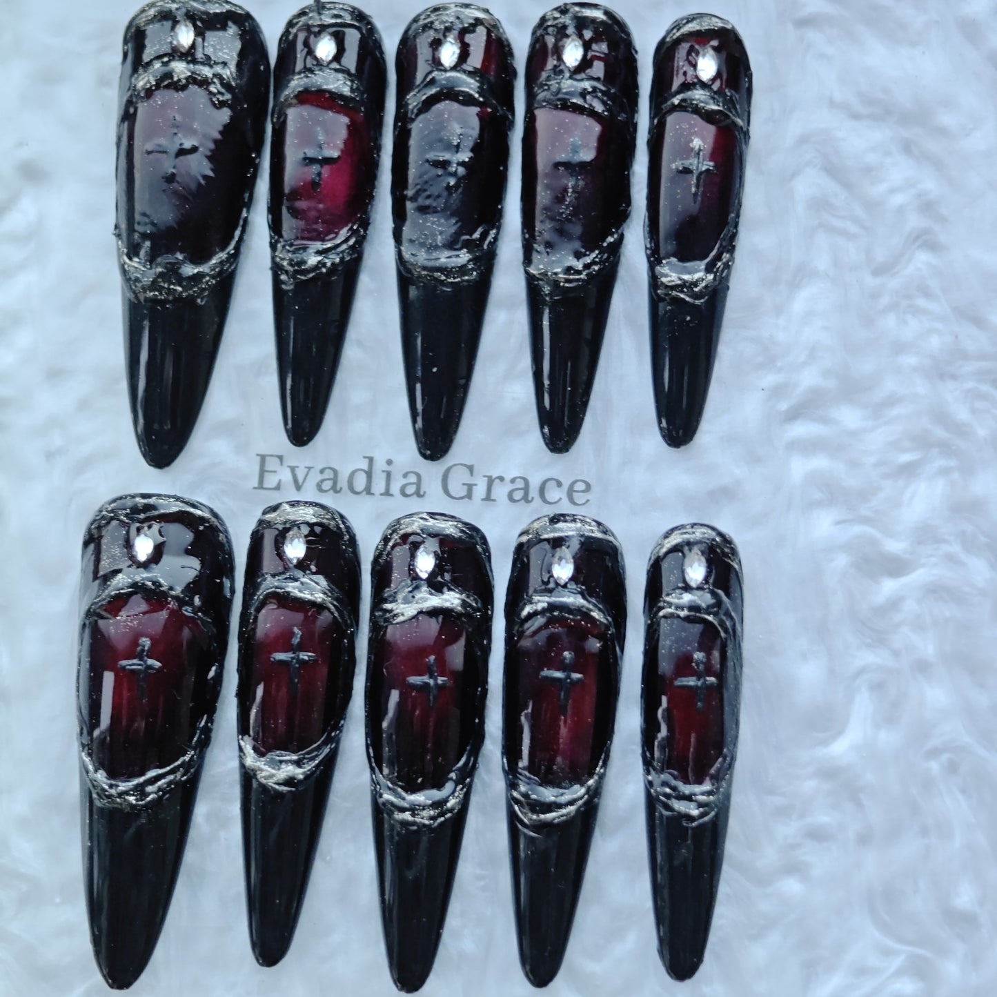 Gothic Armor Press-On Nails – Deep Crimson Stained Glass Design with Black Blade Tips | Dark Royal Gothic Nails by Evadia Grace