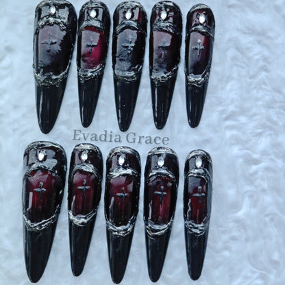 Gothic Armor Press-On Nails – Deep Crimson Stained Glass Design with Black Blade Tips | Dark Royal Gothic Nails by Evadia Grace