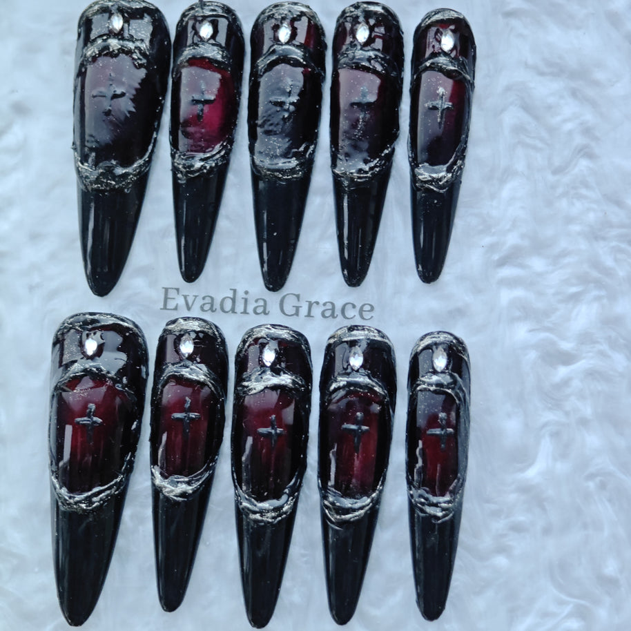 Gothic Armor Press-On Nails – Deep Crimson Stained Glass Design with Black Blade Tips | Dark Royal Gothic Nails by Evadia Grace