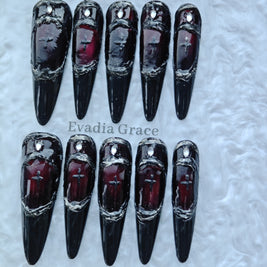 Gothic Armor Press-On Nails – Deep Crimson Stained Glass Design with Black Blade Tips | Dark Royal Gothic Nails by Evadia Grace