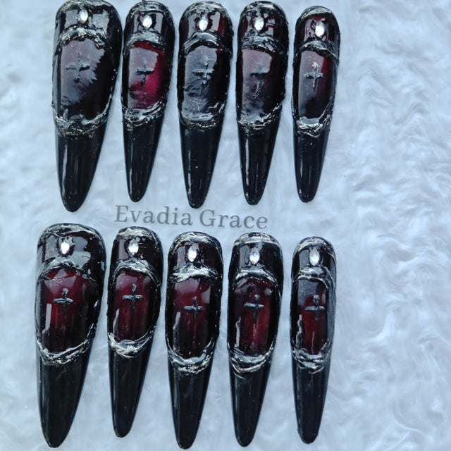 Gothic Armor Press-On Nails – Deep Crimson Stained Glass Design with Black Blade Tips | Dark Royal Gothic Nails by Evadia Grace