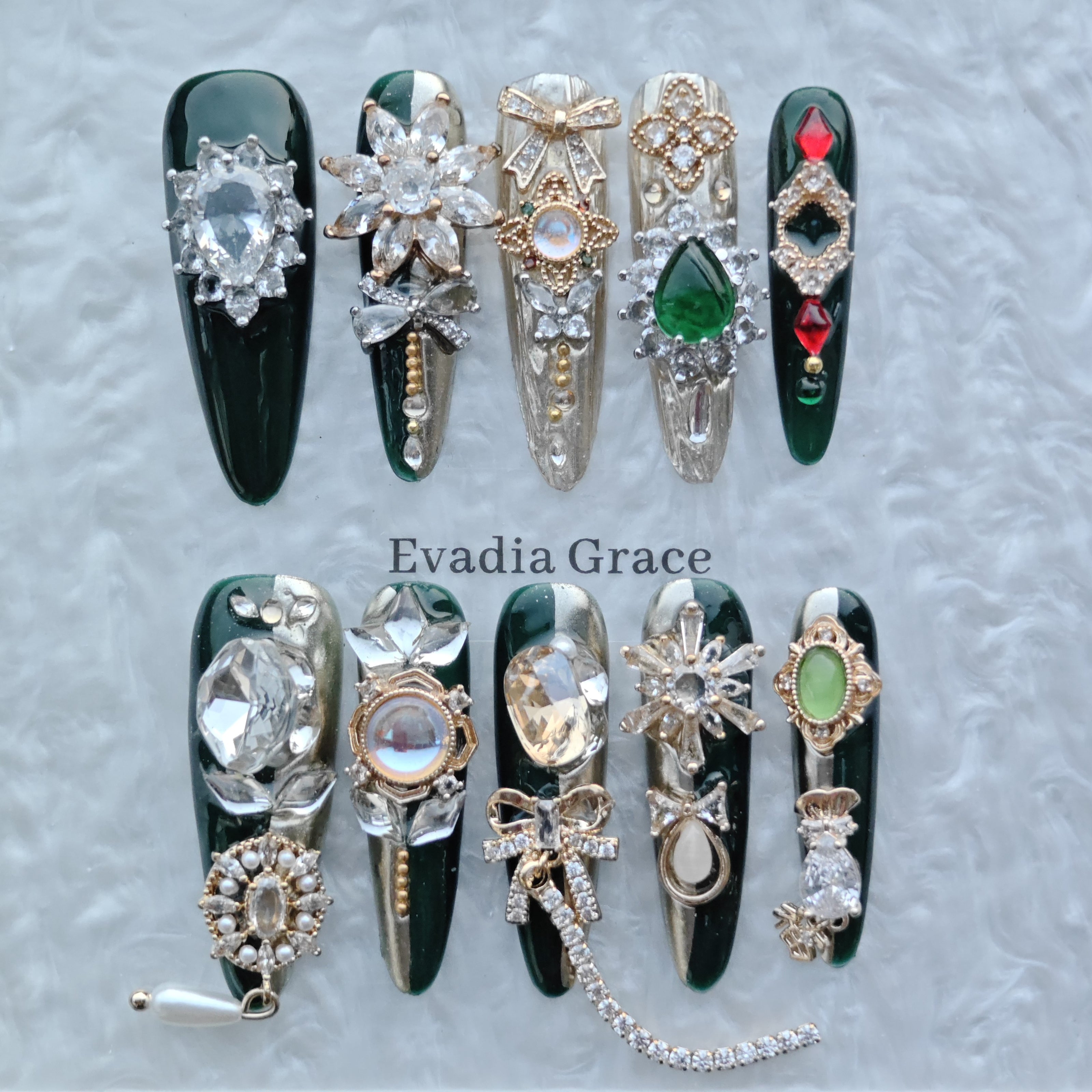 Royal Emerald Gala Nails – Deep Green & Gold Baroque Press-On Nails with Crystal Bow Charms | Luxury Vintage Jewel Nails by Evadia Grace