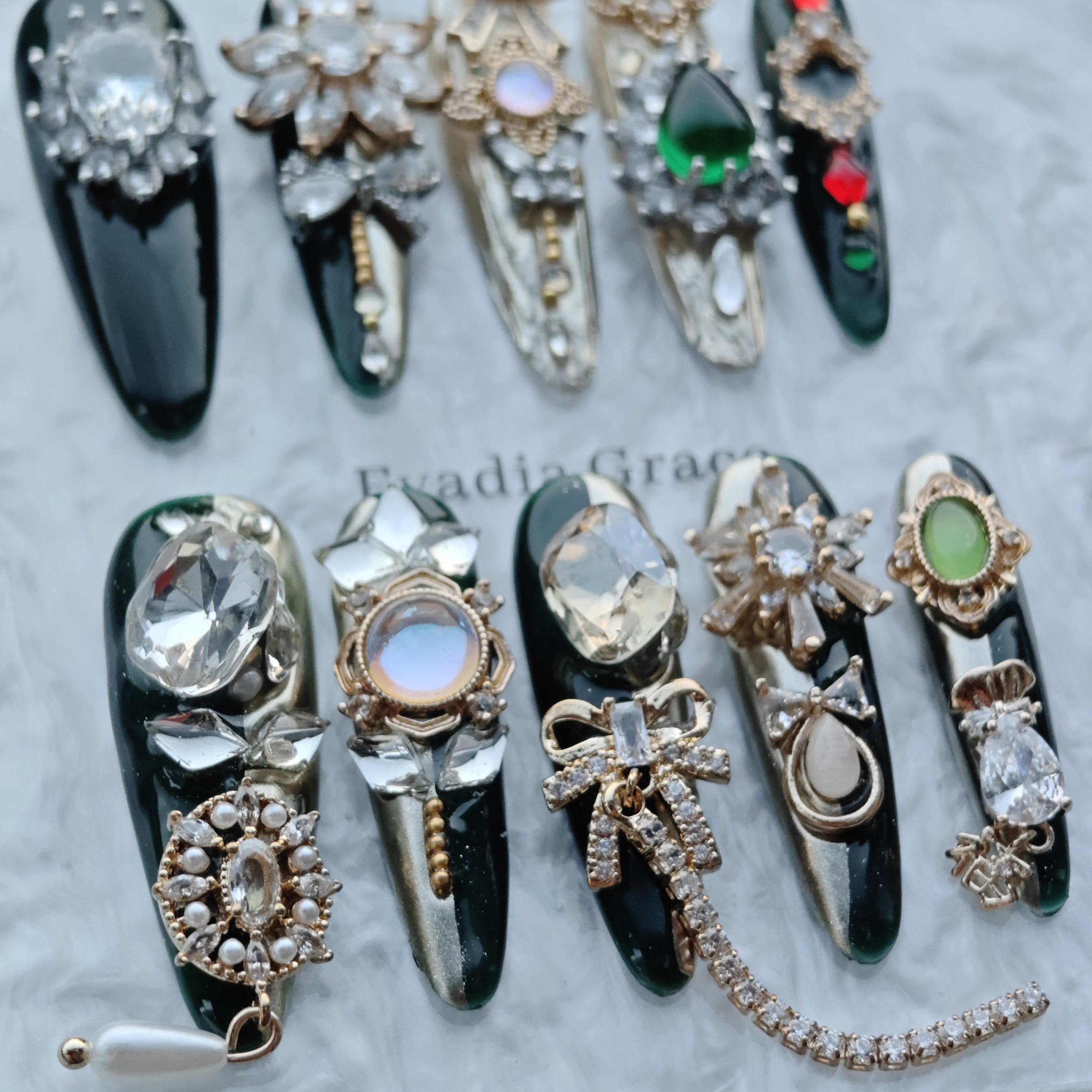 Royal Emerald Gala Nails – Deep Green & Gold Baroque Press-On Nails with Crystal Bow Charms | Luxury Vintage Jewel Nails by Evadia Grace