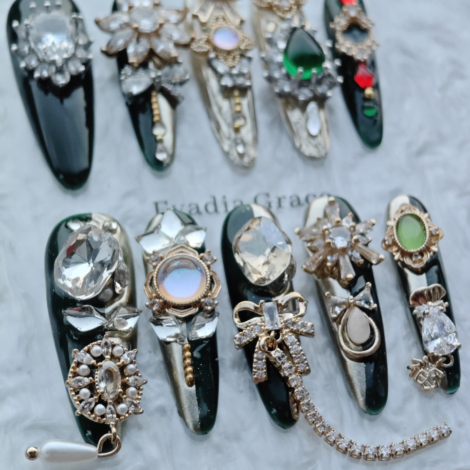 Royal Emerald Gala Nails – Deep Green & Gold Baroque Press-On Nails with Crystal Bow Charms | Luxury Vintage Jewel Nails by Evadia Grace