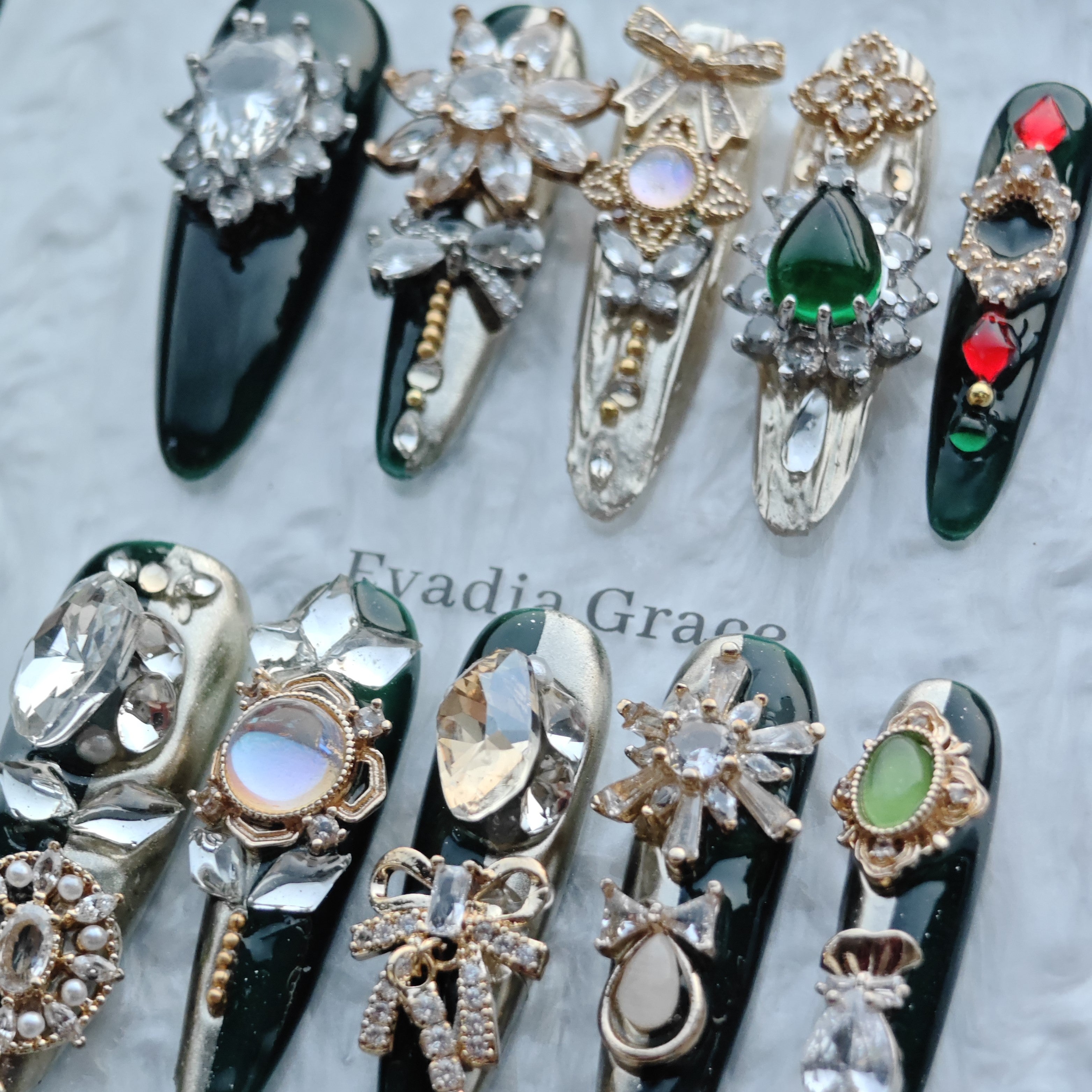 Royal Emerald Gala Nails – Deep Green & Gold Baroque Press-On Nails with Crystal Bow Charms | Luxury Vintage Jewel Nails by Evadia Grace