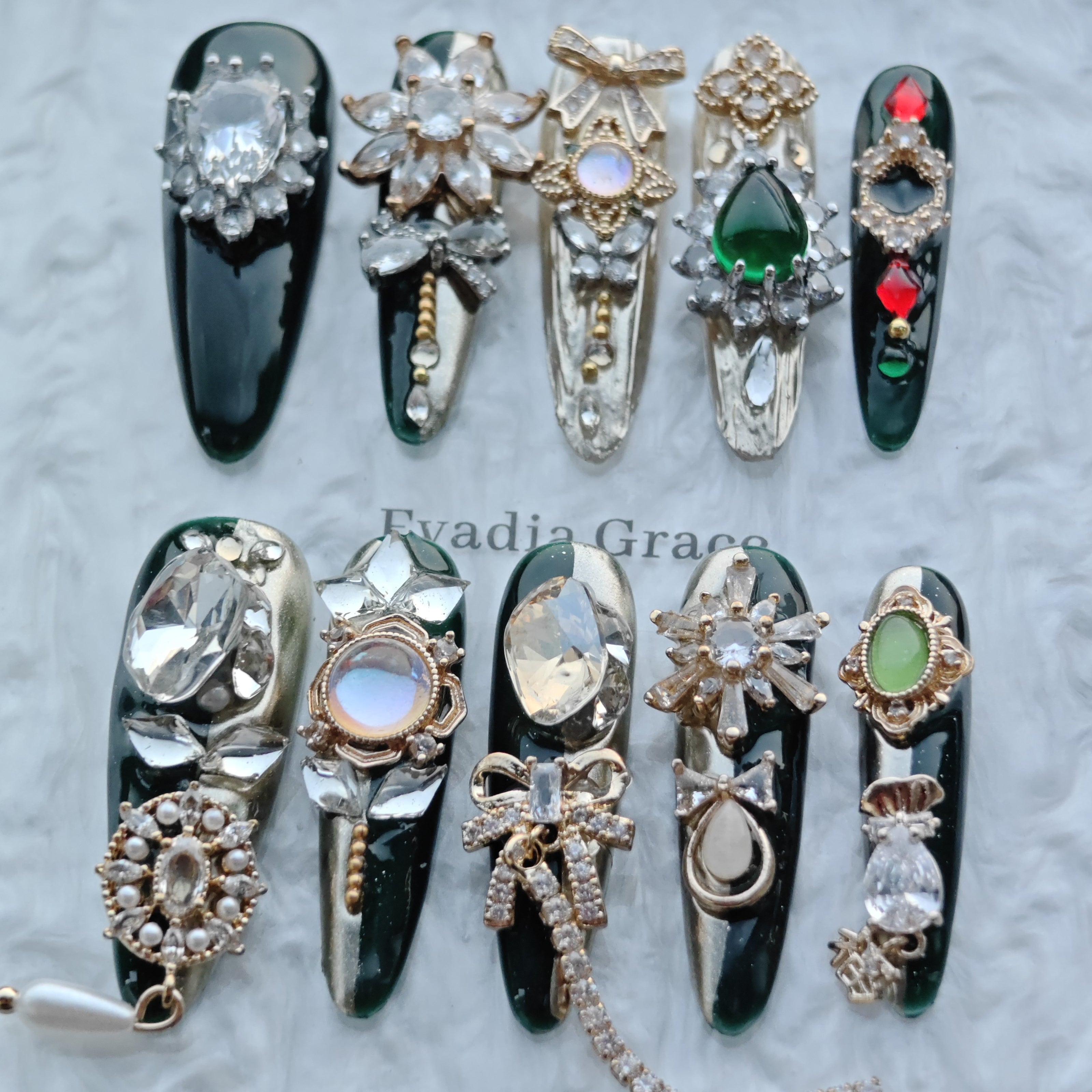 Royal Emerald Gala Nails – Deep Green & Gold Baroque Press-On Nails with Crystal Bow Charms | Luxury Vintage Jewel Nails by Evadia Grace