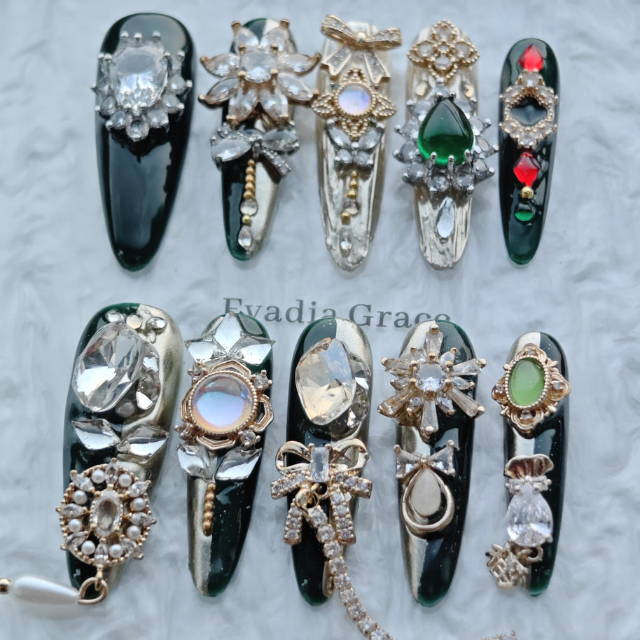 Royal Emerald Gala Nails – Deep Green & Gold Baroque Press-On Nails with Crystal Bow Charms | Luxury Vintage Jewel Nails by Evadia Grace