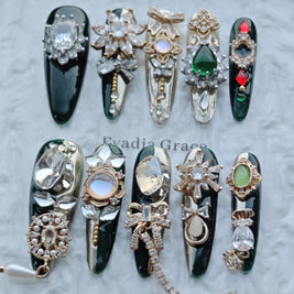 Royal Emerald Gala Nails – Deep Green & Gold Baroque Press-On Nails with Crystal Bow Charms | Luxury Vintage Jewel Nails by Evadia Grace