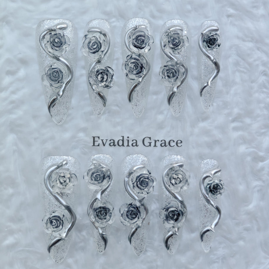 Frosted Silver Rose Nails – 3D Metallic Gothic Rose Press-On Nails with Crystal Glitter | Ice Queen Nails by Evadia Grace