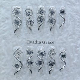 Frosted Silver Rose Nails – 3D Metallic Gothic Rose Press-On Nails with Crystal Glitter | Ice Queen Nails by Evadia Grace