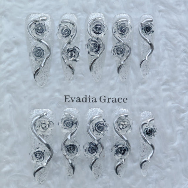 Frosted Silver Rose Nails – 3D Metallic Gothic Rose Press-On Nails with Crystal Glitter | Ice Queen Nails by Evadia Grace