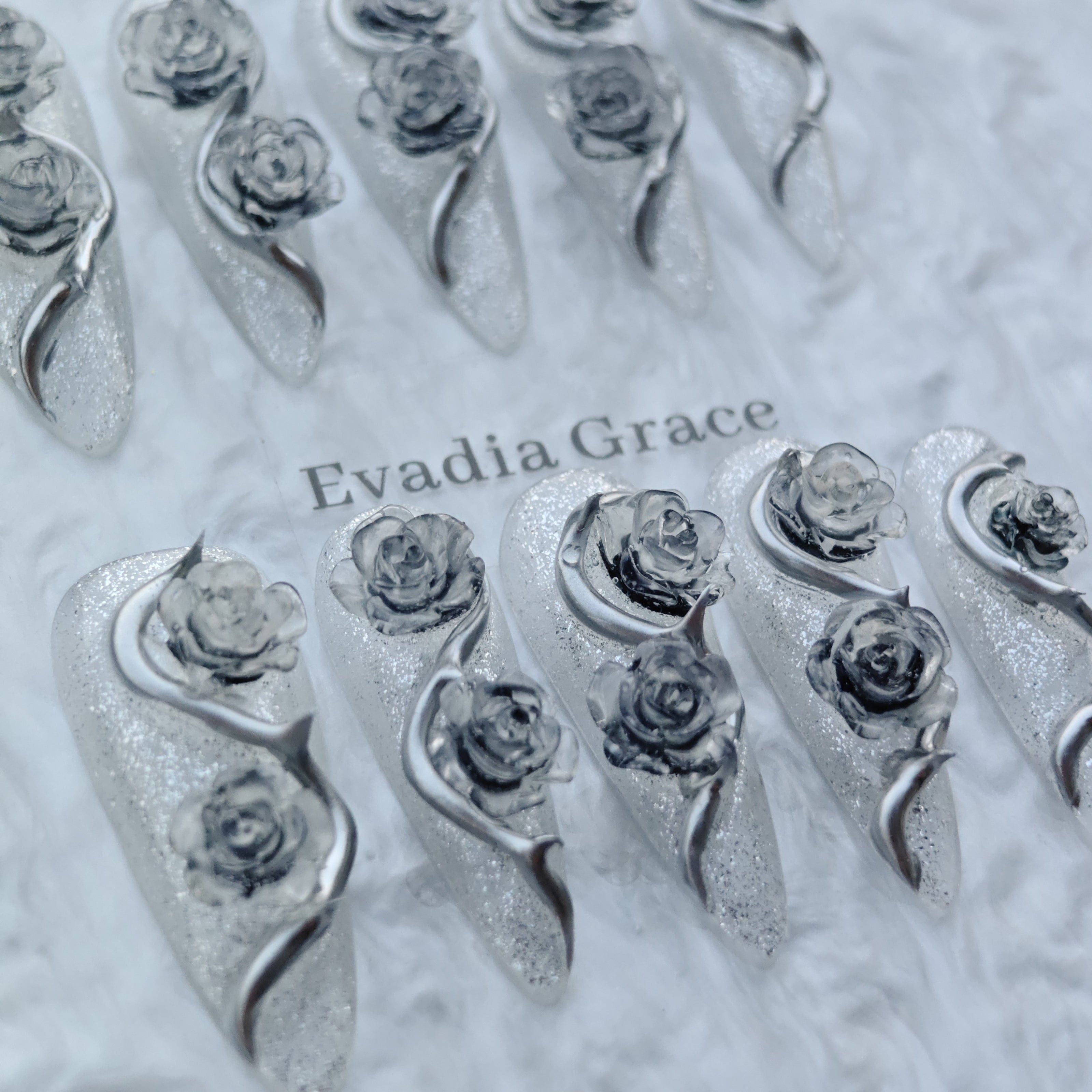 Frosted Silver Rose Nails – 3D Metallic Gothic Rose Press-On Nails with Crystal Glitter | Ice Queen Nails by Evadia Grace