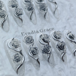 Frosted Silver Rose Nails – 3D Metallic Gothic Rose Press-On Nails with Crystal Glitter | Ice Queen Nails by Evadia Grace