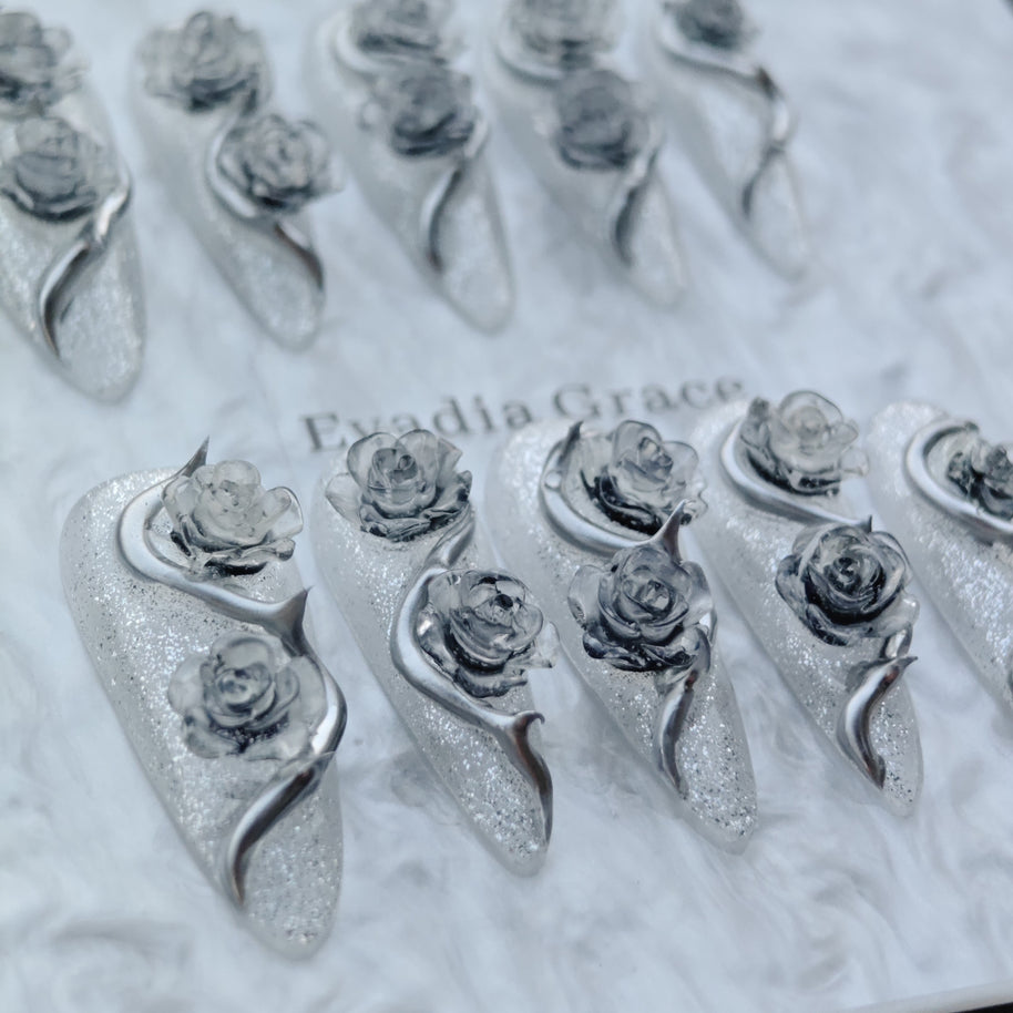 Frosted Silver Rose Nails – 3D Metallic Gothic Rose Press-On Nails with Crystal Glitter | Ice Queen Nails by Evadia Grace