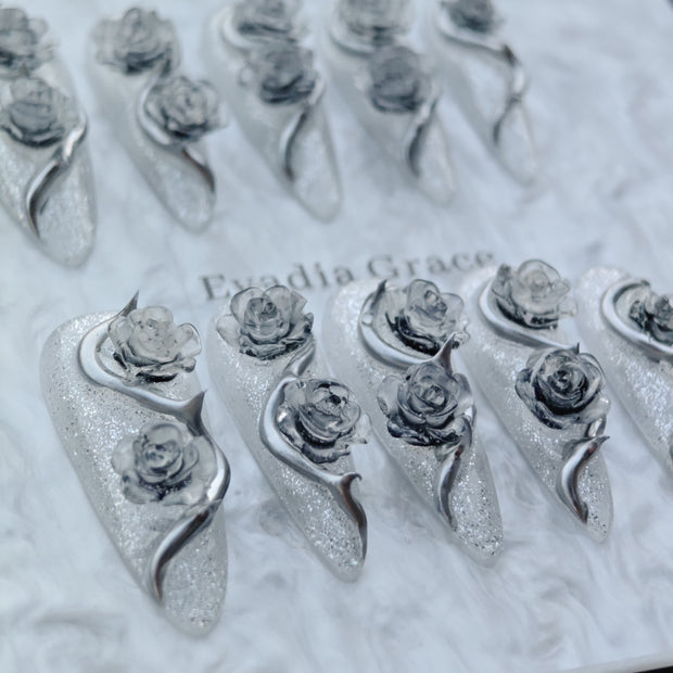 Frosted Silver Rose Nails – 3D Metallic Gothic Rose Press-On Nails with Crystal Glitter | Ice Queen Nails by Evadia Grace