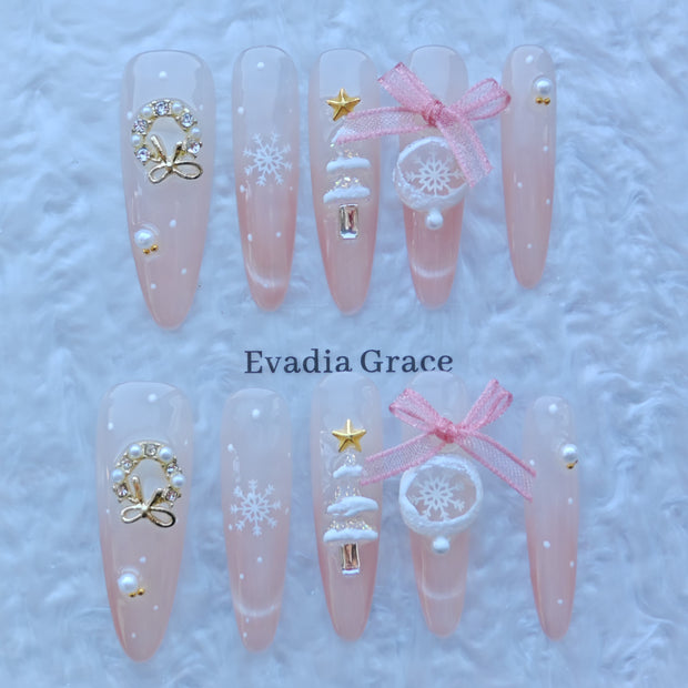 Pink Christmas Snowflake Nails – Soft Pink Holiday Press-On Nails with 3D Bow & Snow Wreath Charms | Winter Princess Nails by Evadia Grace
