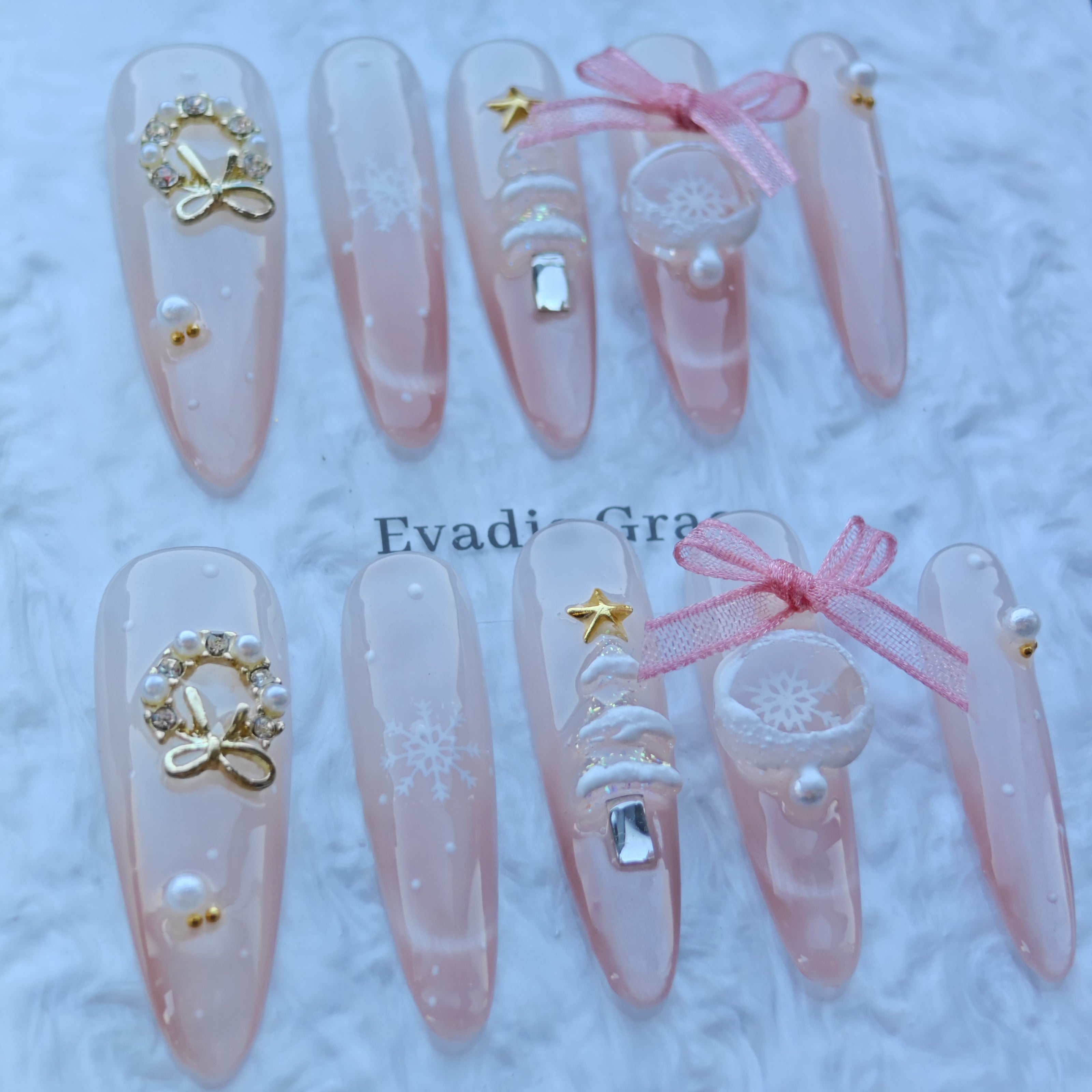 Pink Christmas Snowflake Nails – Soft Pink Holiday Press-On Nails with 3D Bow & Snow Wreath Charms | Winter Princess Nails by Evadia Grace