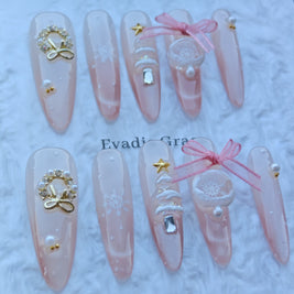 Pink Christmas Snowflake Nails – Soft Pink Holiday Press-On Nails with 3D Bow & Snow Wreath Charms | Winter Princess Nails by Evadia Grace