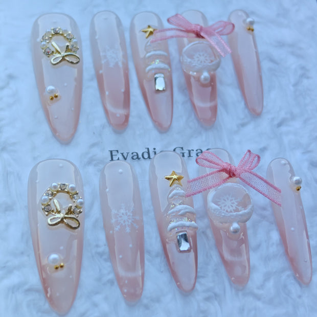 Pink Christmas Snowflake Nails – Soft Pink Holiday Press-On Nails with 3D Bow & Snow Wreath Charms | Winter Princess Nails by Evadia Grace