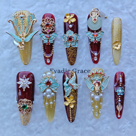 Imperial Phoenix Nails – Red & Gold Palace Press-On Nails with Enamel Blossoms and Pearl Charms | Luxury Chinese Royal Court Nails by Evadia Grace